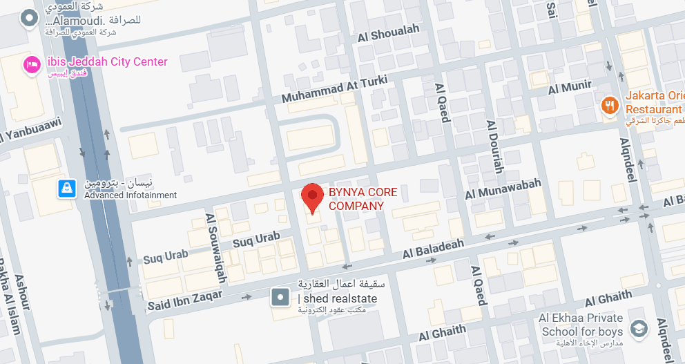 لقطة من خرائط Google تُظهر موقع بينياكور الحقيقي (BYNYA CORE COMPANY) في جدة